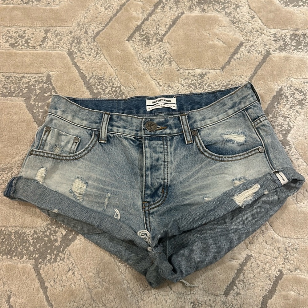 One Teaspoon Light Blue Distressed Denim Jean Shorts